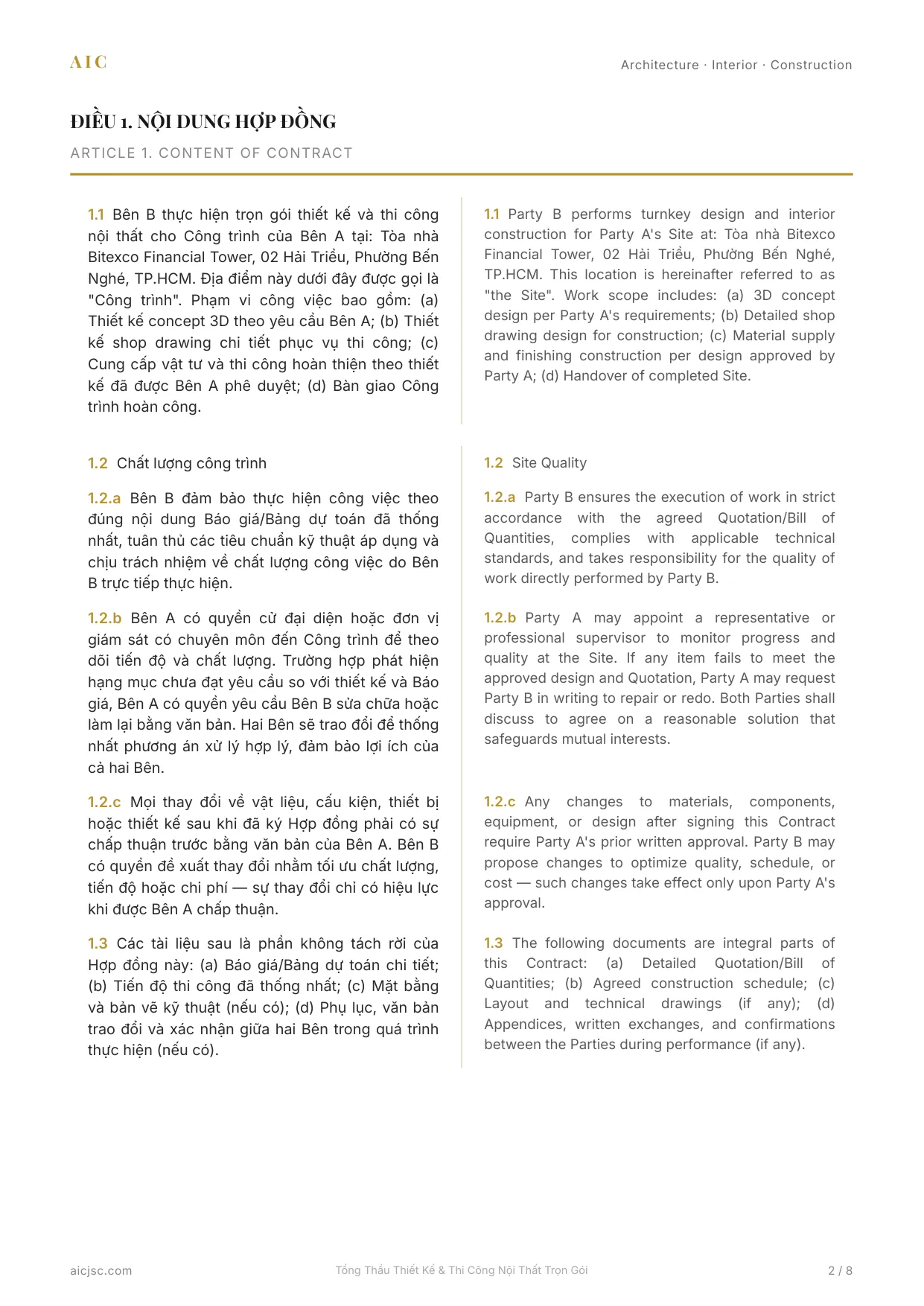 Hợp đồng song ngữ Trọn Gói VI+EN, bilingual table 2 cột với clause numbering gold, layout chuẩn legal FDI
